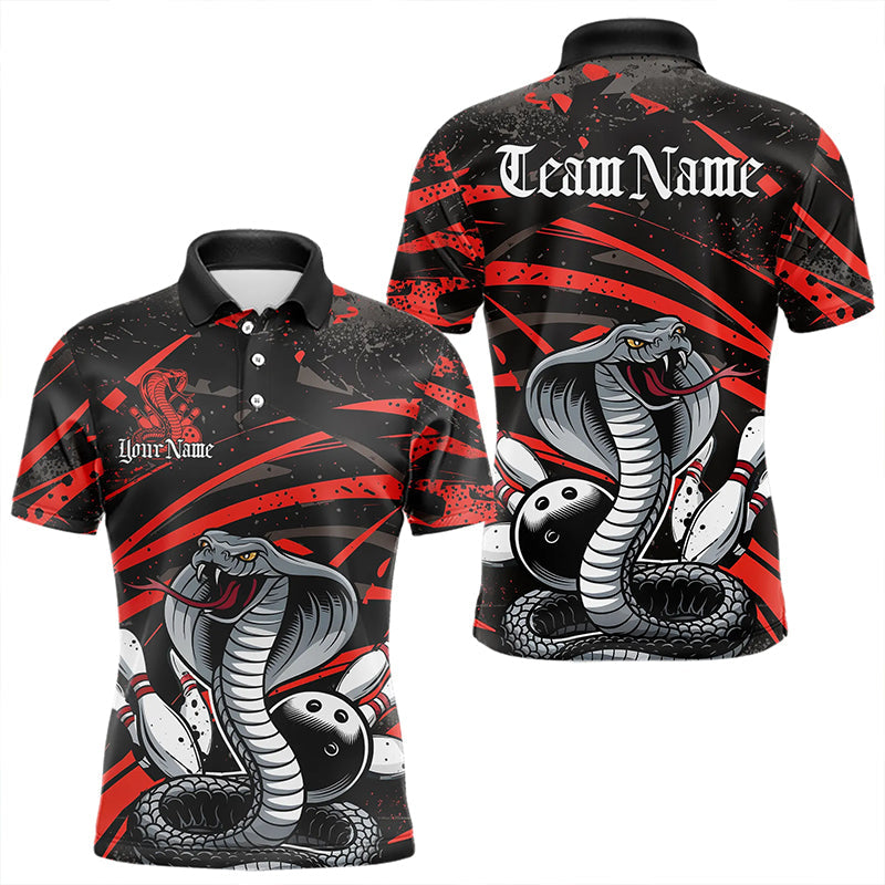 Custom Black And Red Cobra Snake Bowling Team Polo Shirts For Men, Bowling League Shirts IPHW8565