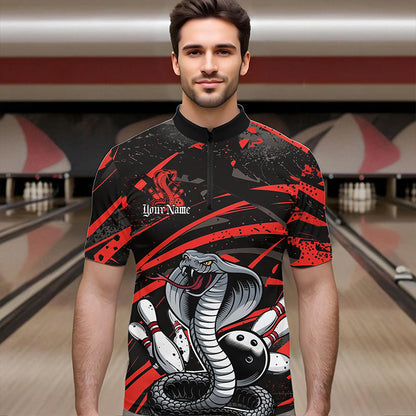 Custom Black And Red Cobra Snake Bowling Team Quarter-Zip Shirts For Men, Bowling League Shirts IPHW8565