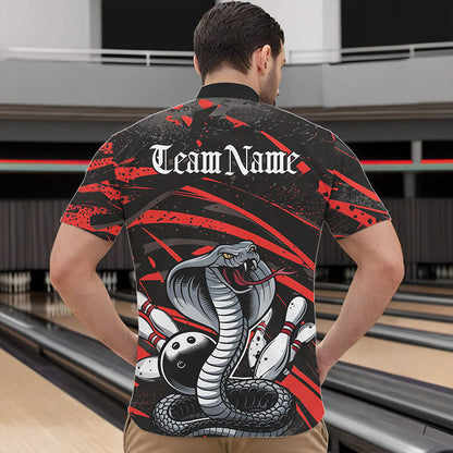 Custom Black And Red Cobra Snake Bowling Team Quarter-Zip Shirts For Men, Bowling League Shirts IPHW8565