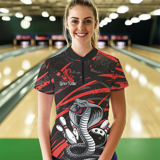 Custom Black And Red Cobra Snake Bowling Womens Quarter-Zip Shirts, Bowling League Shirts IPHW8565