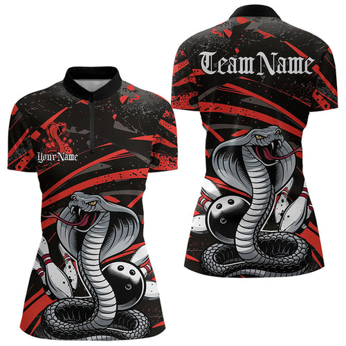 Custom Black And Red Cobra Snake Bowling Womens Quarter-Zip Shirts, Bowling League Shirts IPHW8565