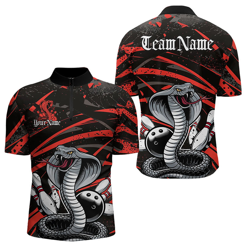 Custom Black And Red Cobra Snake Bowling Team Quarter-Zip Shirts For Men, Bowling League Shirts IPHW8565
