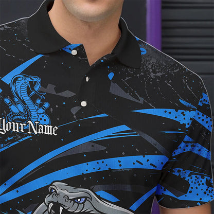 Custom Black And Blue Cobra Snake Bowling Team Polo Shirts For Men, Bowling League Shirts IPHW8566