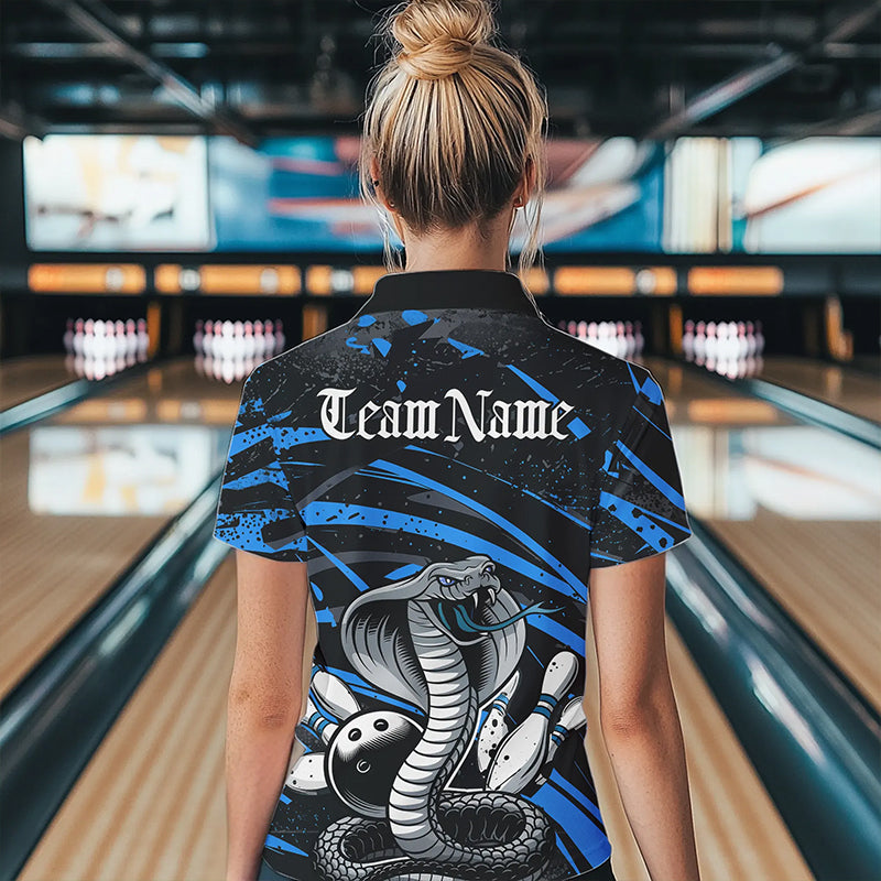 Custom Black And Blue Cobra Snake Bowling Team Polo Shirts For Women, Bowling League Shirts IPHW8566