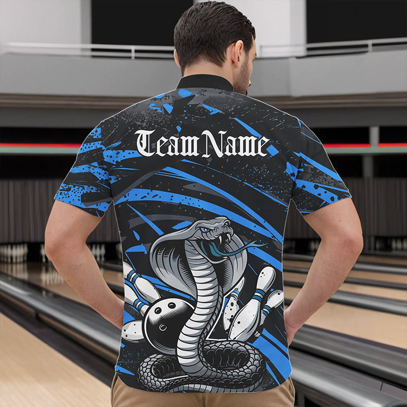 Custom Black And Blue Cobra Snake Bowling Team Quarter-Zip Shirts For Men, Bowling League Shirts IPHW8566