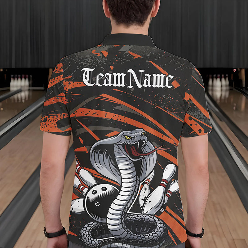 Custom Black And Orange Cobra Snake Bowling Team Polo Shirts For Men, Bowling League Shirts IPHW8567