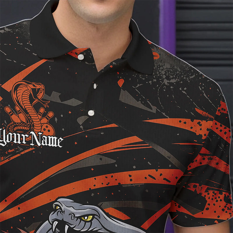 Custom Black And Orange Cobra Snake Bowling Team Polo Shirts For Men, Bowling League Shirts IPHW8567