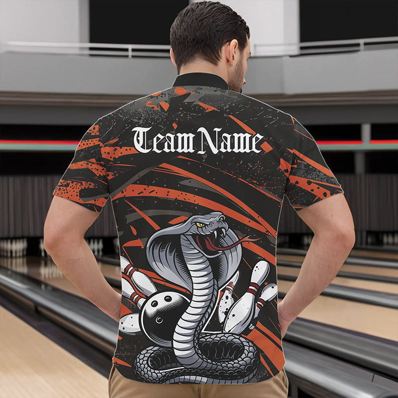 Custom Black And Orange Cobra Snake Bowling Team Quarter-Zip Shirts For Men, Bowling League Shirts IPHW8567