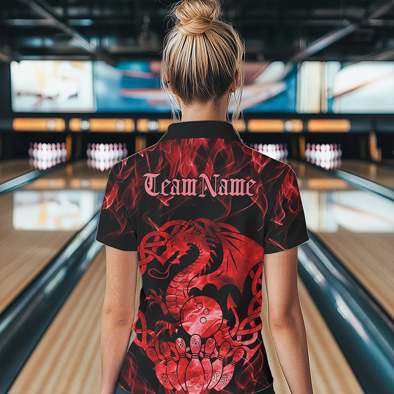 Custom Red Fire Flame Viking Dragon Bowling Women Polo Team Shirts, Celtic Bowling Shirts IPHW8873