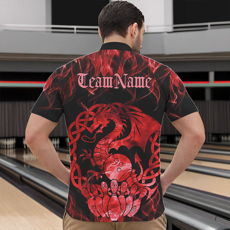 Custom Red Fire Flame Viking Dragon Bowling Quarter-Zip Team Shirts For Men, Celtic Bowling Shirts IPHW8873
