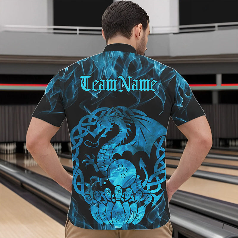 Custom Blue Fire Flame Viking Dragon Bowling Quarter-Zip Team Shirts For Men, Celtic Bowling Shirt IPHW8874