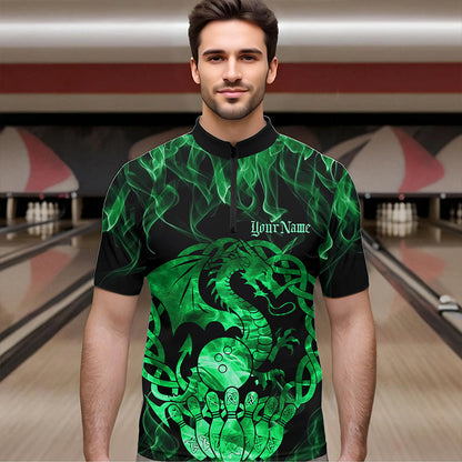 Custom Green Fire Flame Viking Dragon Bowling Men Quarter-Zip Team Shirts, Celtic Bowling Shirts IPHW8875