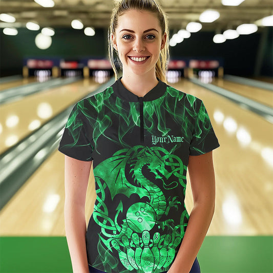 Custom Green Fire Viking Dragon Bowling Women Quarter-Zip Team Shirt, Celtic Bowling Shirts IPHW8875