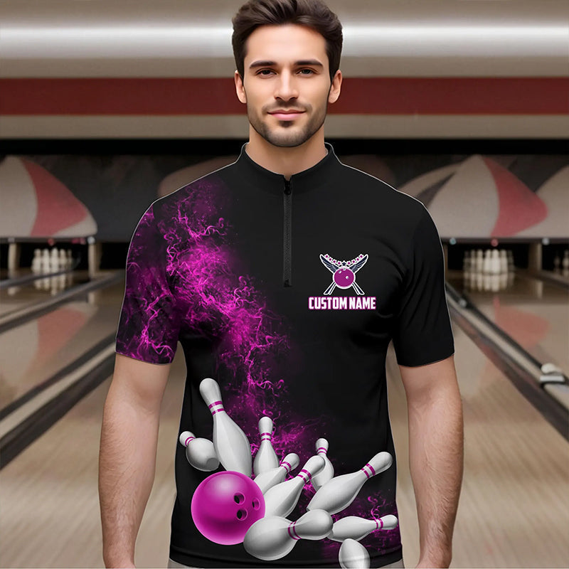 Custom Pink Strike Bowling Quarter-Zip Shirts For Men Bowling Team Jerseys Bowling League Shirts IPHW8880