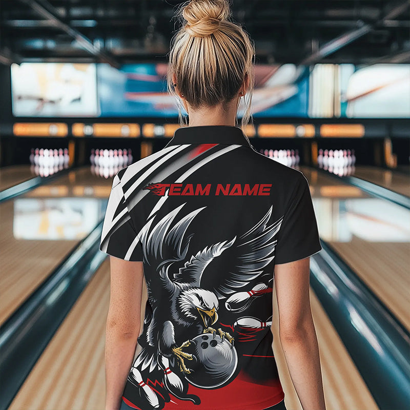Custom Black And Red Eagle Bowling Jerseys, Bowling Team Women Polo Shirts Bowlers Outfits IPHW8886