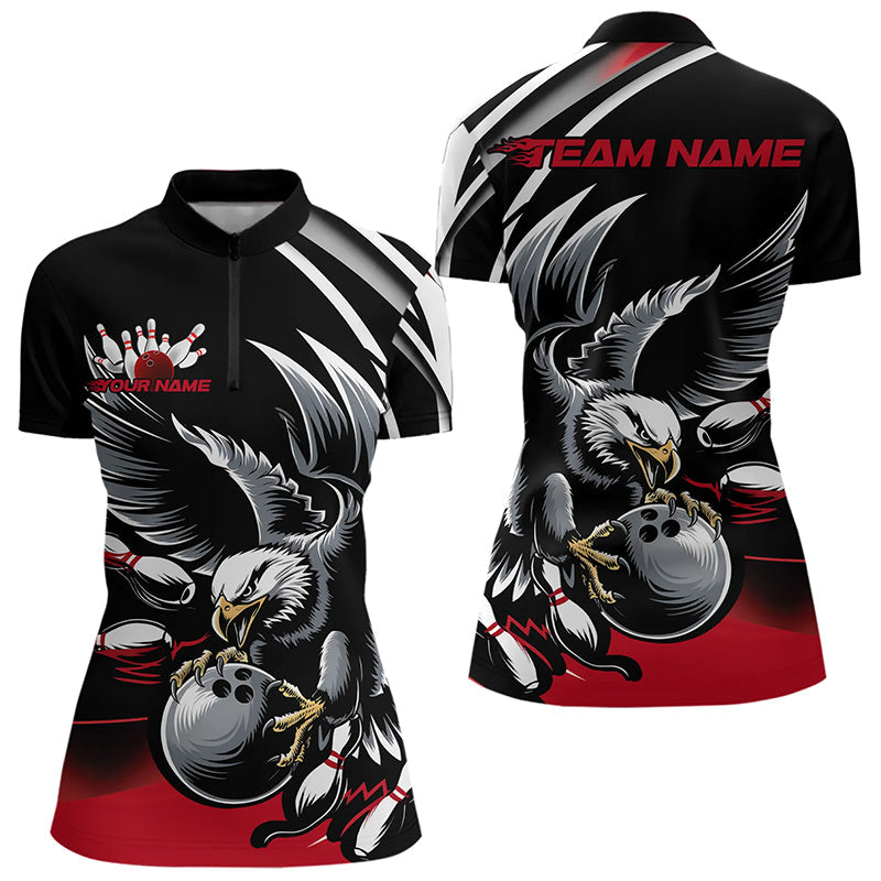 Custom Black And Red Eagle Bowling Jerseys, Bowling Team Women Quarter-Zip Shirts IPHW8886