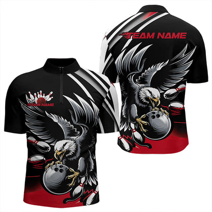 Custom Black And Red Eagle Bowling Jerseys, Bowling Team Men Quarter-Zip Shirts Bowlers Outfits IPHW8886