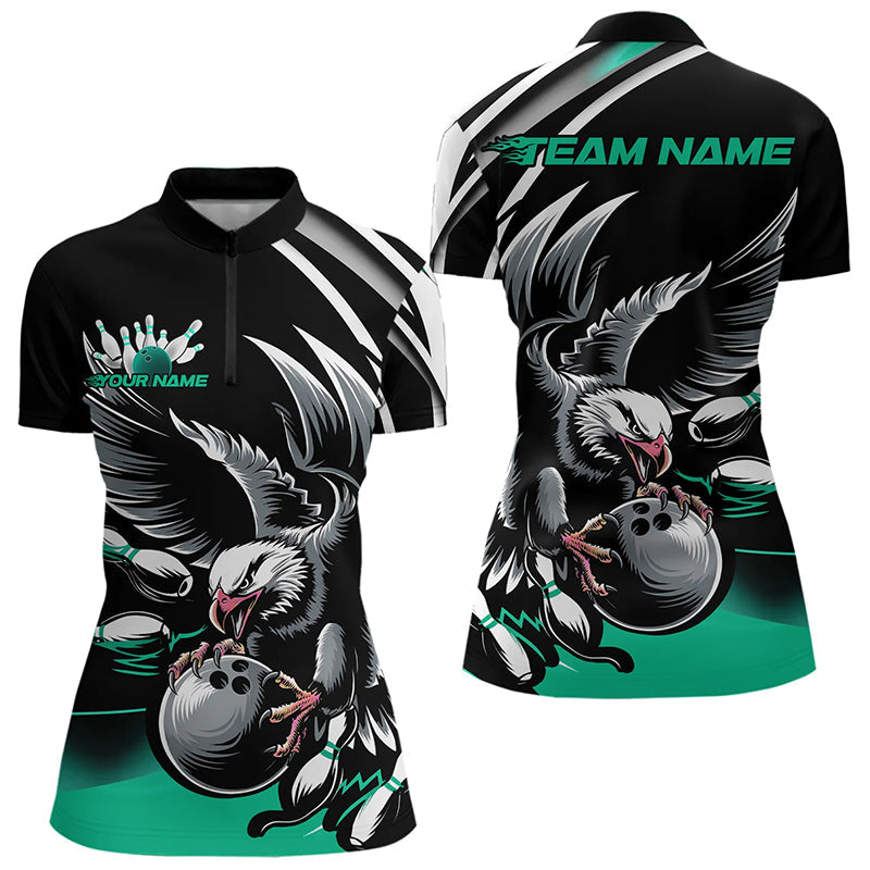 Custom Black And Blue Eagle Bowling Jerseys, Bowling Team Women Quarter-Zip Shirts IPHW8887
