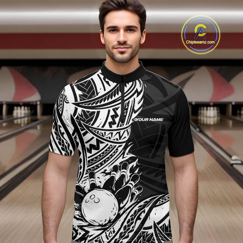 Custom Black And White Maori Style Koru Spiral Tribal Men Bowling Quarter-Zip Team Shirt IPHW10955