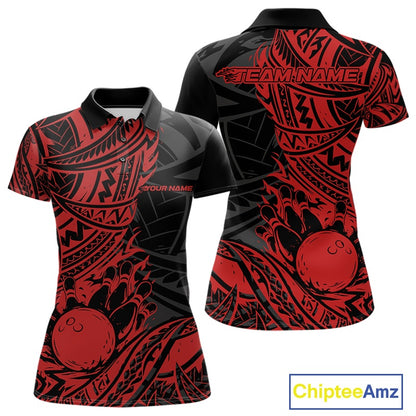Custom Black And Red Maori Style Koru Spiral Tribal Women Bowling Polo Team Shirt IPHW10956