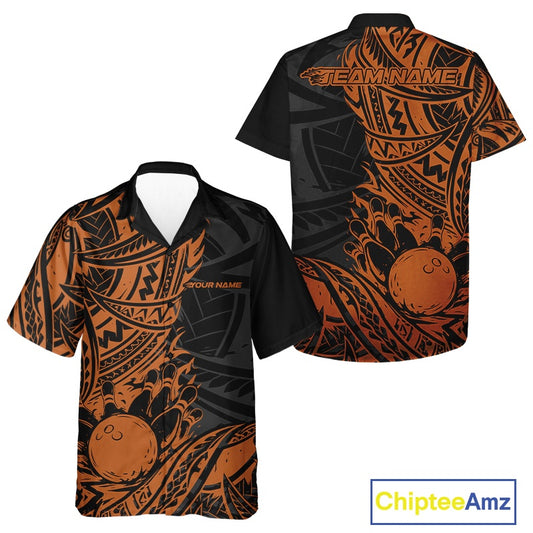 Custom Black And Orange Maori Style Koru Spiral Tribal Men And Women Bowling Hawaiian Team Shirt IPHW10958