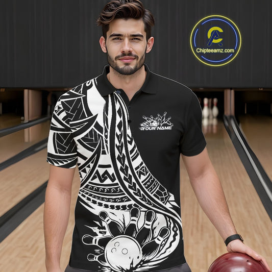 Custom Black And White Maori Style Koru Spiral Tribal Men Bowling Polo Team Shirt IPHW10960