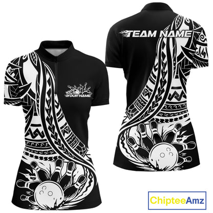 Custom Black And White Maori Style Koru Spiral Tribal Women Bowling Quarter-Zip Shirt IPHW10960