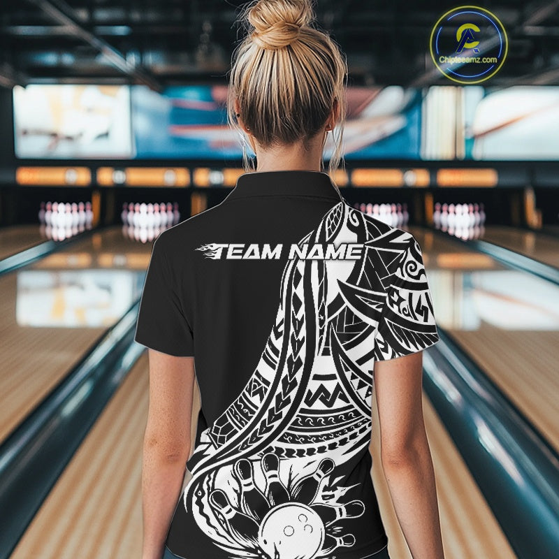 Custom Black And White Maori Style Koru Spiral Tribal Women Bowling Quarter-Zip Shirt IPHW10960