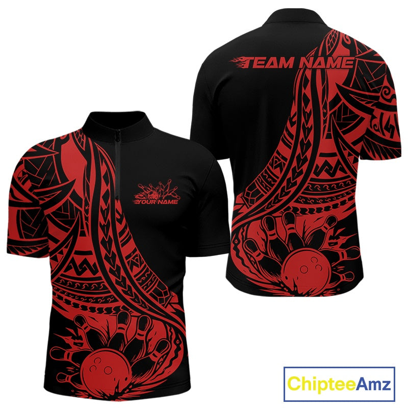 Black and red polo shirt with polynesian tribal patterns and 'Team Name' text on a white background