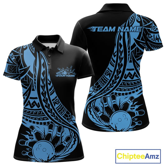 Custom Black And Blue Maori Style Koru Spiral Tribal Women Bowling Polo Team Shirt IPHW10962
