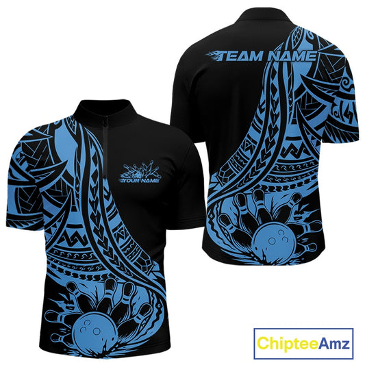 Custom Black And Blue Maori Style Koru Spiral Tribal Men Bowling Quarter-Zip Team Shirt IPHW10962