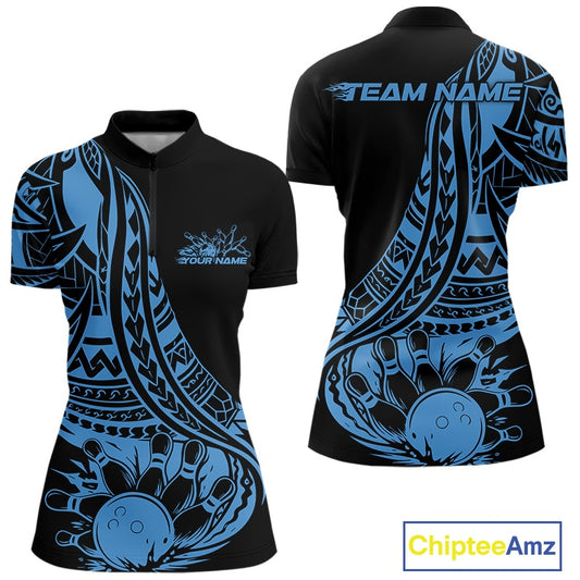 Custom Black And Blue Maori Style Koru Spiral Tribal Women Bowling Quarter-Zip Shirt IPHW10962