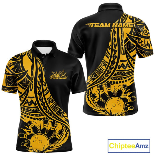 Custom Black And Yellow Maori Style Koru Spiral Tribal Men Bowling Polo Team Shirt IPHW10963