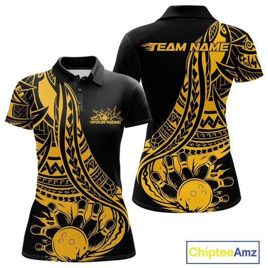 Custom Black And Yellow Maori Style Koru Spiral Tribal Women Bowling Polo Team Shirt IPHW10963