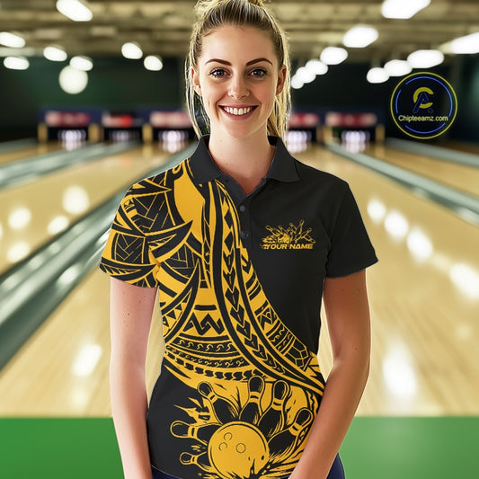 Custom Black And Yellow Maori Style Koru Spiral Tribal Women Bowling Polo Team Shirt IPHW10963
