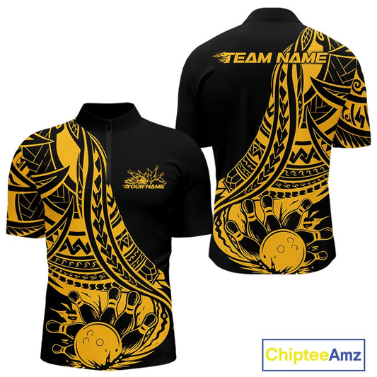 Custom Black And Yellow Maori Style Koru Spiral Tribal Men Bowling Quarter-Zip Team Shirt IPHW10963