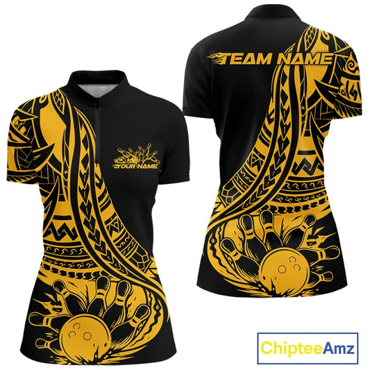 Custom Black And Yellow Maori Style Koru Spiral Tribal Women Bowling Quarter-Zip Shirt IPHW10963