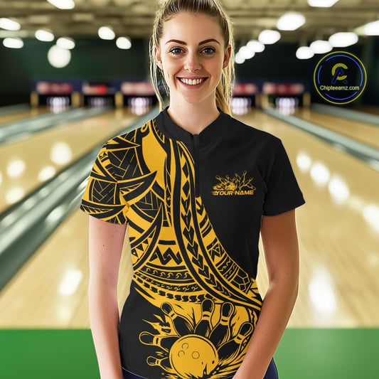 Custom Black And Yellow Maori Style Koru Spiral Tribal Women Bowling Quarter-Zip Shirt IPHW10963