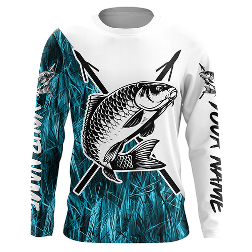 Carp Fish Bowfishing Shirts, Custom Carp Bow Fishing Long Sleeve Tournament Shirts | Blue Camo IPHW6396