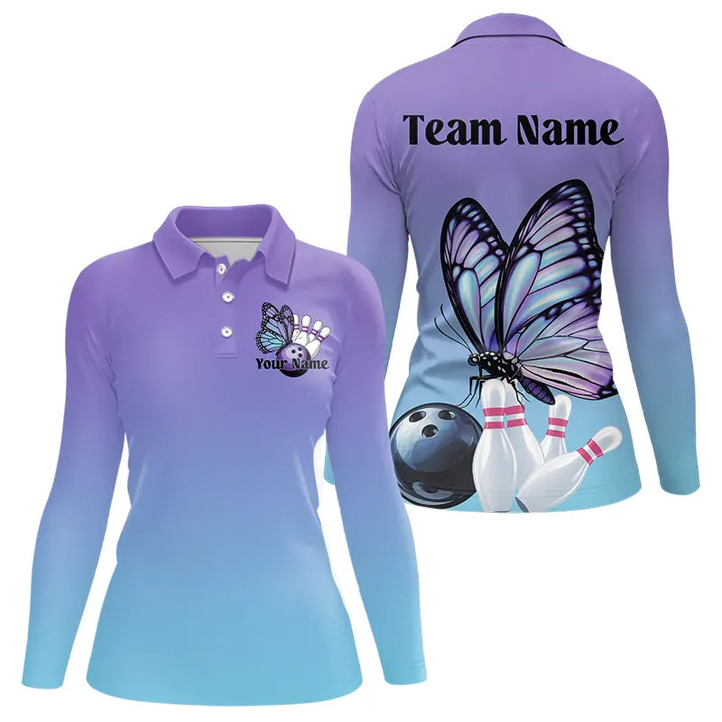 Custom Blue And Purple Gradient Butterfly Ladies Bowling Shirts, Women Bowling Team Shirt IPHW8146