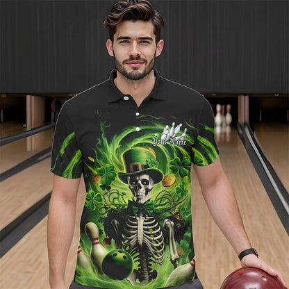 Custom Green St Patricks Day Skull Bowling Polo Shirts For Men, Shamrock Bowling Shirt IPHW8376