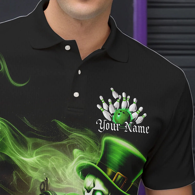 Custom Green Flame Skull Saint Patrick Day Bowling Polo Shirts For Men, Shamrock Bowling IPHW8379