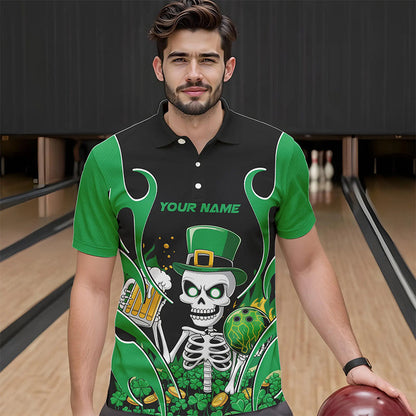 Custom Green St Patricks Day Funny Skull Drink Beer Bowling Polo Shirts For Men IPHW8381