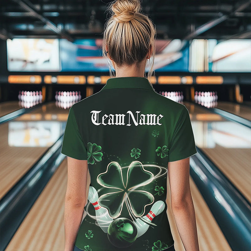 Custom Green Shamprock Saint Patricks Bowling Womens Polo Shirts, Lucky Bowling Team Shirt IPHW8572