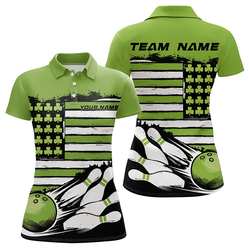 Custom Saint Patricks Bowling Polo Shirts For Women, Shamrock Flag US Bowling Team Shirt IPHW8576