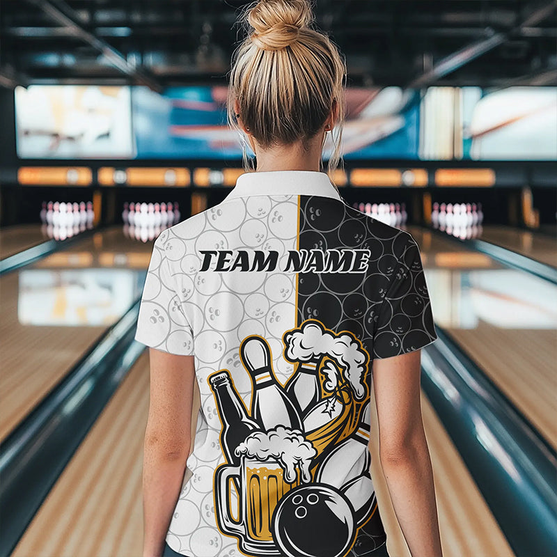 Custom Funny Bowling And Beer Team Bowling Polo Shirts For Women, Bowling Pattern Shirt IPHW8891