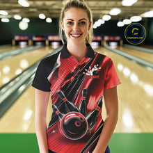 Load image into Gallery viewer, Custom Black And Red Bowling Jerseys For Women, Bowling Team Polo Shirts With Name IPHW10965