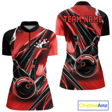 Load image into Gallery viewer, Custom Black And Red Bowling Jerseys For Women, Bowling Team Quarter-Zip Shirt With Name IPHW10965