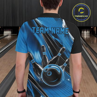 Back view of a male model in a black and blue bowling polo shirt displaying bowling strike graphics with motion streak details.