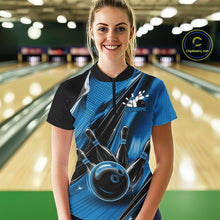 Load image into Gallery viewer, Custom Black And Blue Bowling Jerseys For Women, Bowling Team Shirts With Name IPHW10966